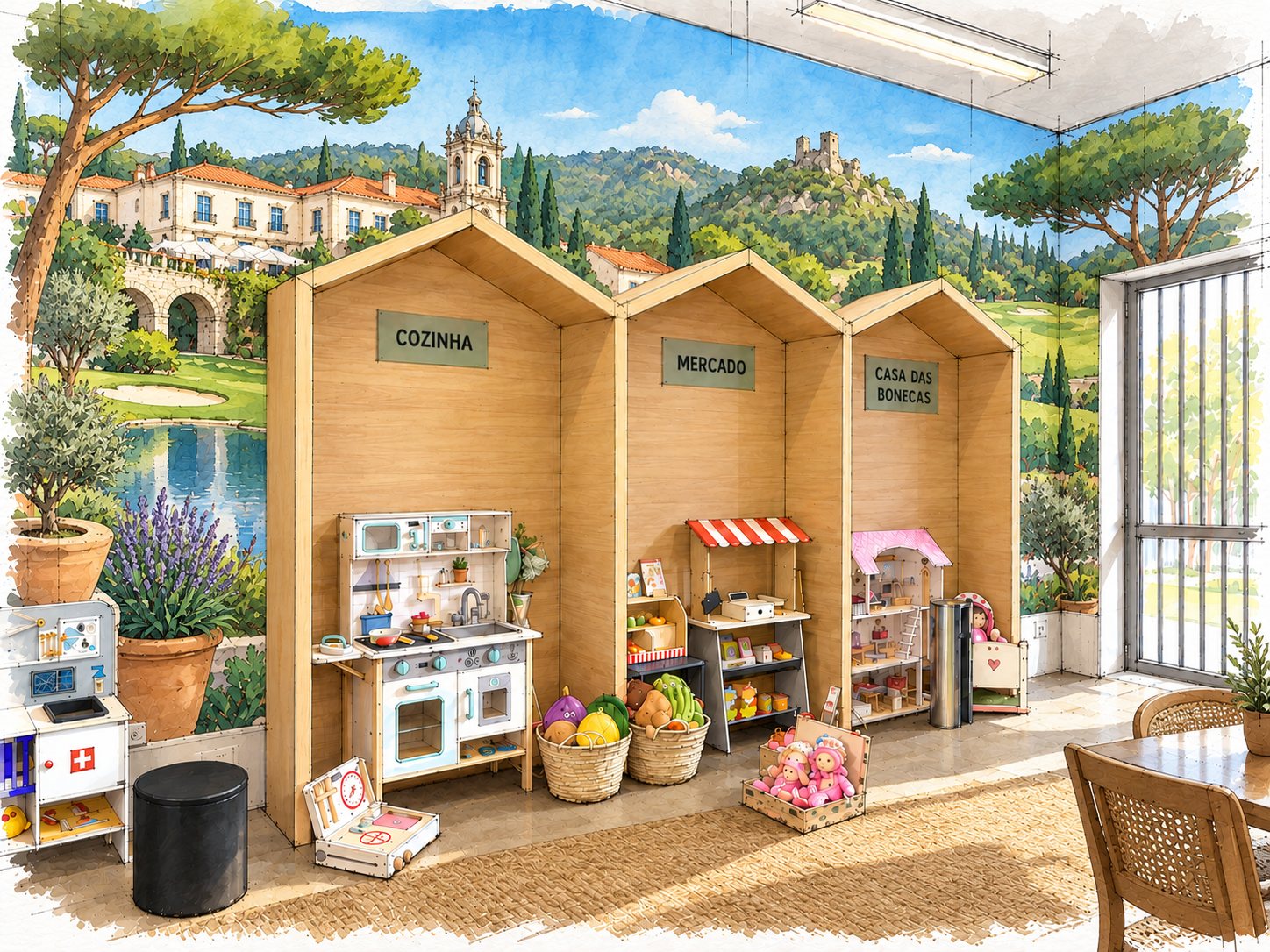 As mesmas casinhas com um mural de serra e jardim