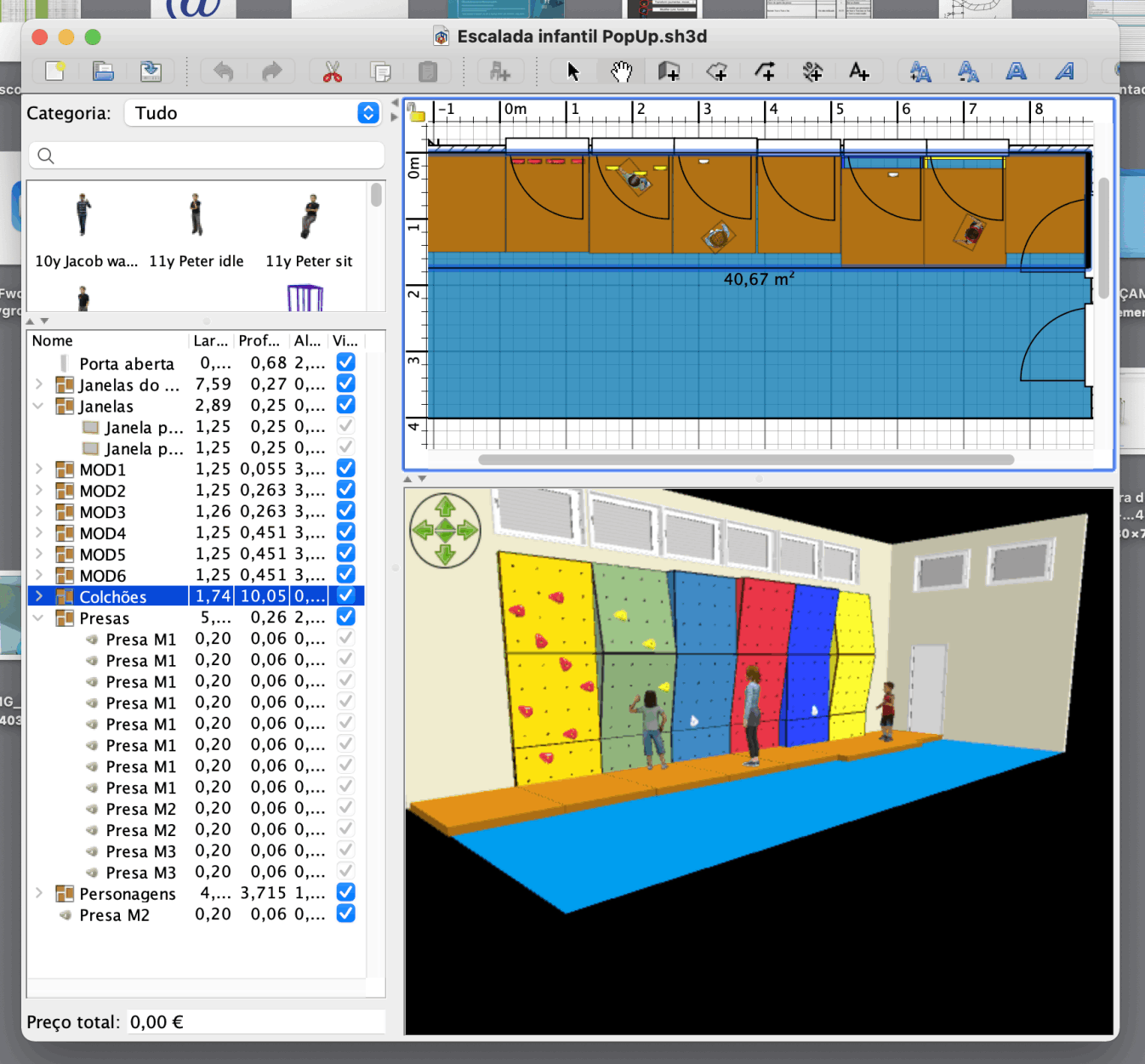 Planta e visualização de boulder juvenil modular 2,5m